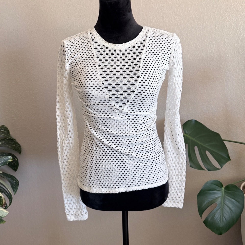 BCBGMAXAZRIA White Long Sleeve Crochet Eyelet Open Knit Boho Top Women S